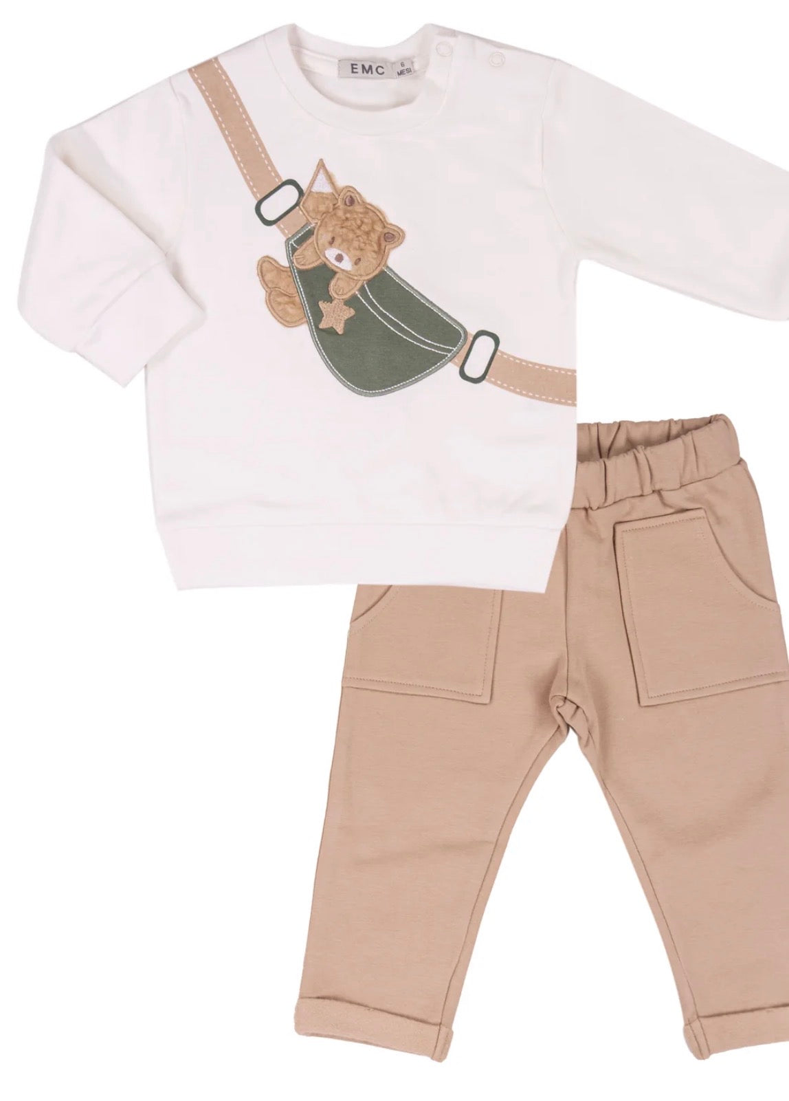COMPLETO BIMBO EMC PANNA CON ORSETTO IN TRACOLLA E PANTALONE BEIGE