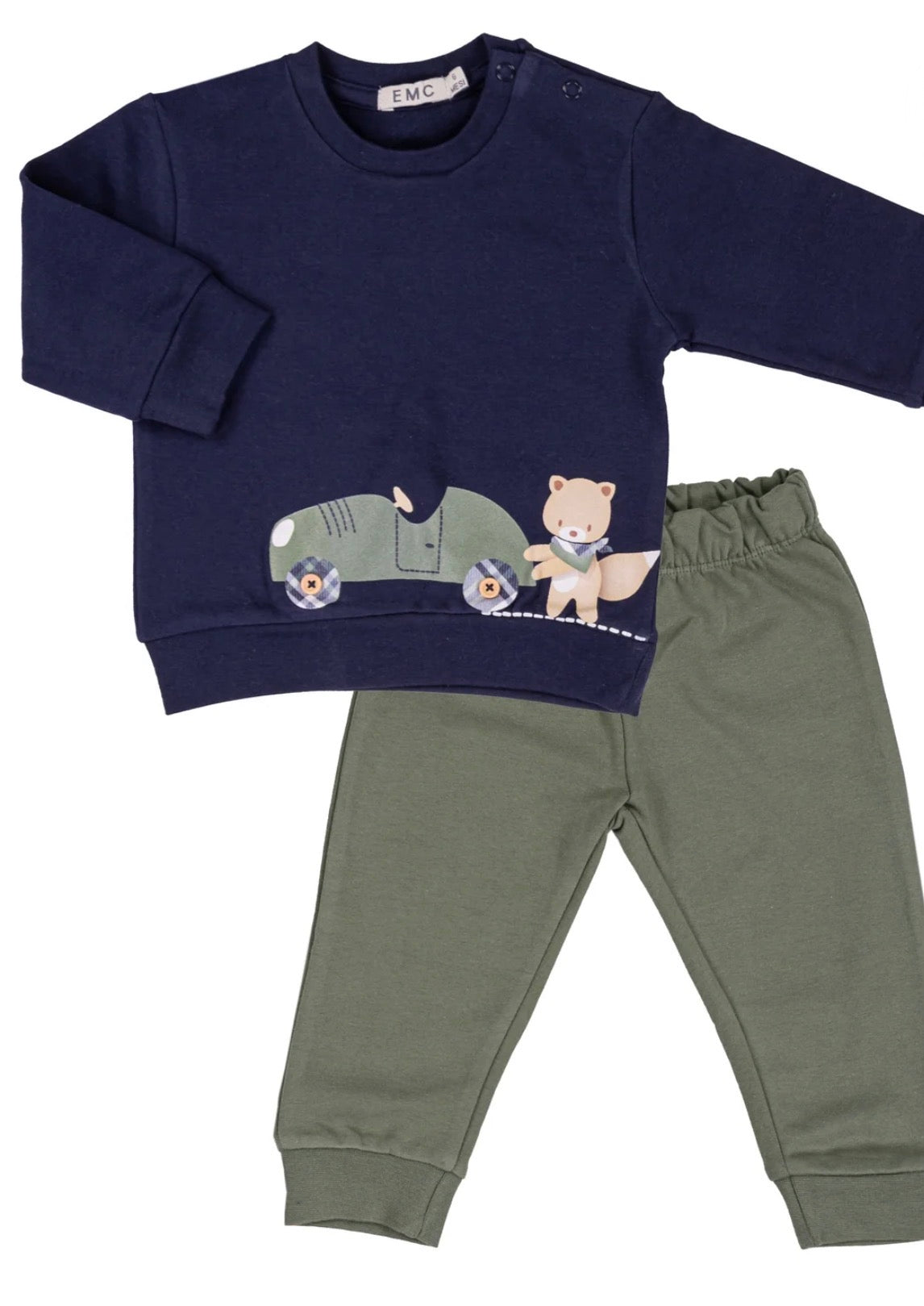 COMPLETO BIMBO EMC BLU CON ORSETTO IN AUTO E PANTALONE VERDE